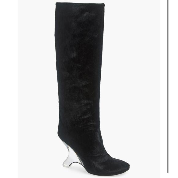 Jeffrey Campbell Modified Black Calf Hair Knee-High Boot Size 8.5 Clear Heel New - Picture 3 of 7